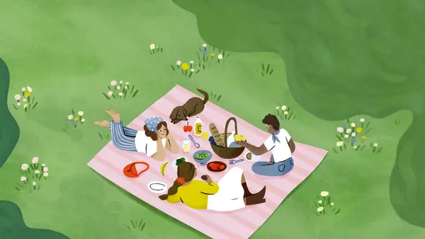 Illustration von drei Personen und einem Hund auf einer rosa Picknickdecke in einer grünen Wiese mit Blumen; ein Korb und Teller mit Obst und Snacks liegen auf der Decke, die Szene wirkt gemütlich und gemeinschaftlich.