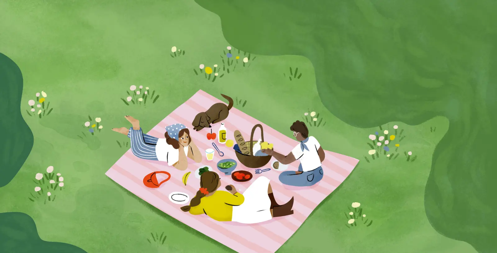Illustration von drei Personen und einem Hund auf einer rosa Picknickdecke in einer grünen Wiese mit Blumen; ein Korb und Teller mit Obst und Snacks liegen auf der Decke, die Szene wirkt gemütlich und gemeinschaftlich.