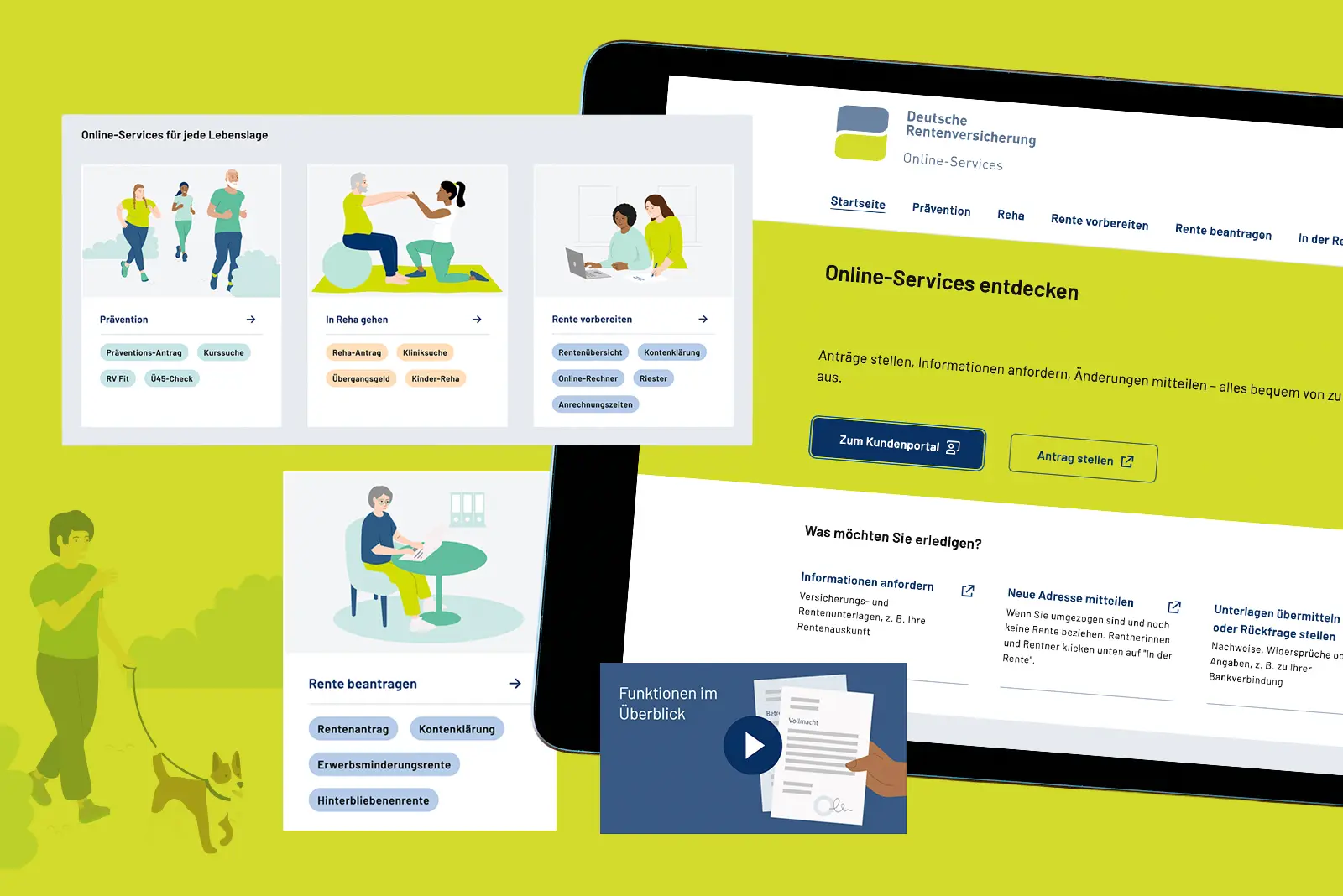 Collage mit mehreren Illustrationen von Menschen in Alltagssituationen und einer Webseite der Deutschen Rentenversicherung mit hervorgehobenen Online-Services und Buttons für Kundenportal und Antragstellung