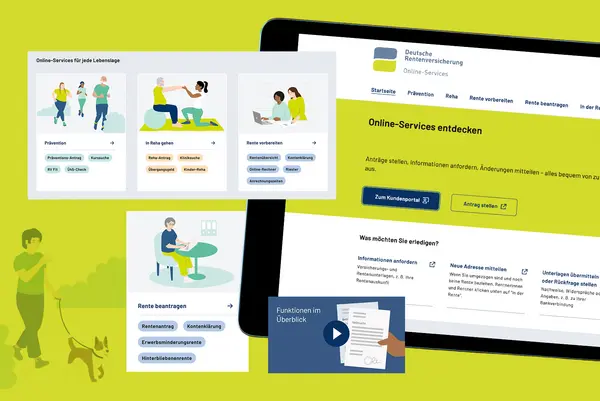 Collage mit mehreren Illustrationen von Menschen in Alltagssituationen und einer Webseite der Deutschen Rentenversicherung mit hervorgehobenen Online-Services und Buttons für Kundenportal und Antragstellung