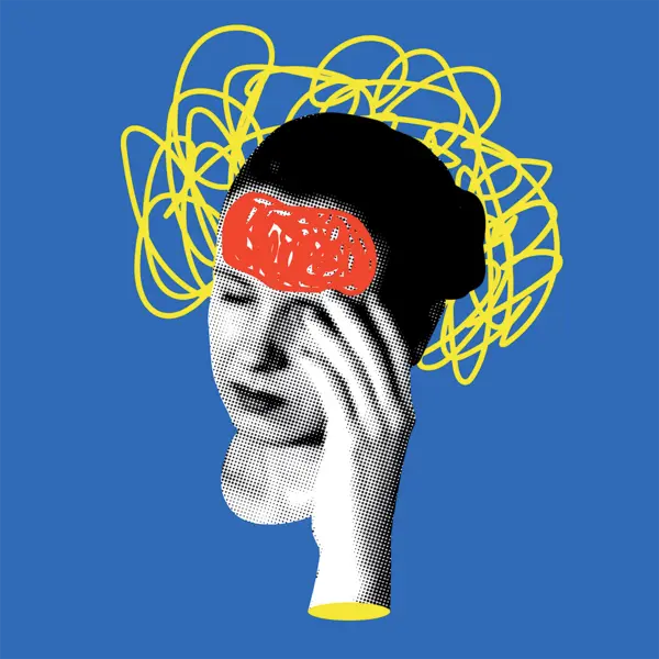 Die Illustration zeigt eine Person mit geschlossenen Augen und einer Hand, die an den Kopf hält, als ob sie unter Kopfschmerzen leidet. Der Kopf ist mit einem roten Gehirn markiert, um das Unwohlsein zu symbolisieren. Um den Kopf herum verlaufen chaotische, gelbe Linien, die die Verwirrung oder den Stress darstellen, der oft mit Kopfschmerzen oder mentaler Belastung verbunden ist. Der Hintergrund ist ein kräftiges Blau.