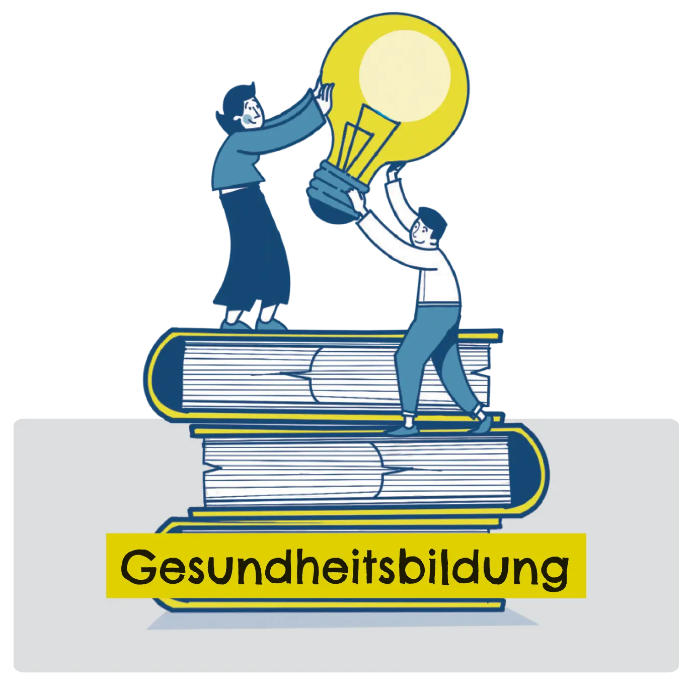 Eine Illustration von zwei Personen, die gemeinsam eine Glühbirne anheben. Sie stehen auf einem Stapel Bücher, der das Thema "Gesundheitsbildung" symbolisiert.