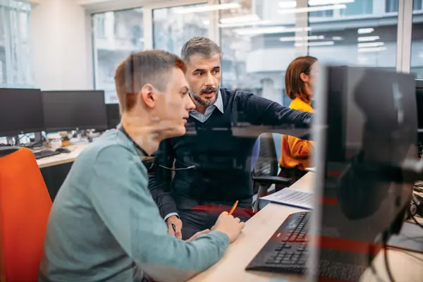 Ein Praktikant arbeitet konzentriert am Computer, während sein Mentor ihm etwas auf dem Bildschirm erklärt.