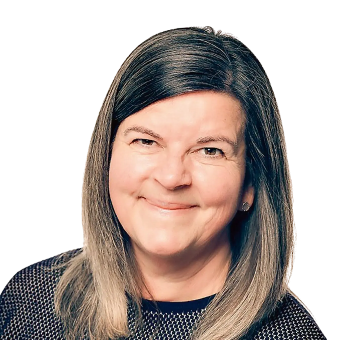 Porträt einer Frau mit schulterlangem grauen Haar und Brille, die freundlich in die Kamera lächelt. Sie trägt ein schwarzes, gemustertes Oberteil und hat einen positiven, einladenden Ausdruck. Der Hintergrund ist hell und neutral.