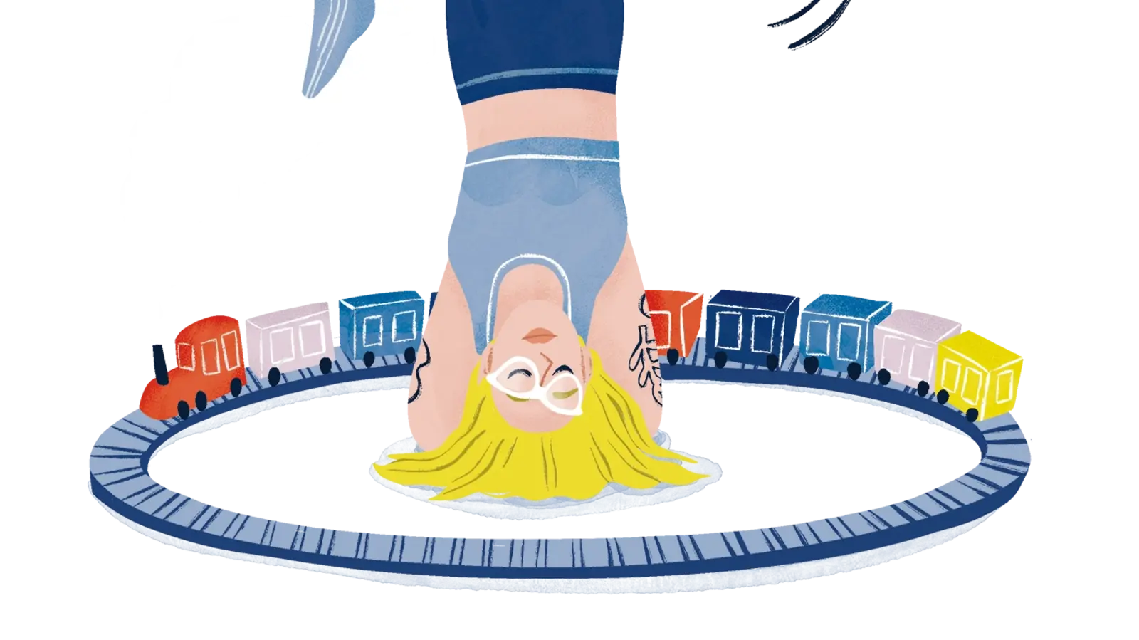 Eine illustrierte Szene zeigt eine Frau, die kopfüber an einer Wäscheleine hängt, während Wäschestücke wie Hosen und ein Hemd darüber aufgehängt sind. Um sie herum fährt ein bunter Zug auf einer Schiene.