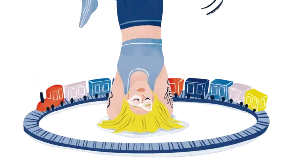 Eine illustrierte Szene zeigt eine Frau, die kopfüber an einer Wäscheleine hängt, während Wäschestücke wie Hosen und ein Hemd darüber aufgehängt sind. Um sie herum fährt ein bunter Zug auf einer Schiene.