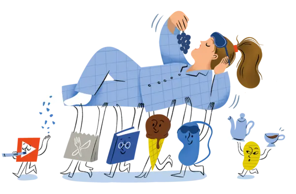 Die Illustration zeigt eine Frau in Pyjama, die gemütlich auf einem Bett liegt und Trauben isst. Unter ihr hängen verschiedene alltägliche Objekte wie ein Einkaufsbeutel, ein Buch, ein Eis, eine Teekanne, eine Kaffeetasse und eine Zitrone, die alle als Charaktere dargestellt sind. Sie symbolisieren die verschiedenen Aktivitäten und Dinge, die die Frau in ihrem Alltag beschäftigt halten.