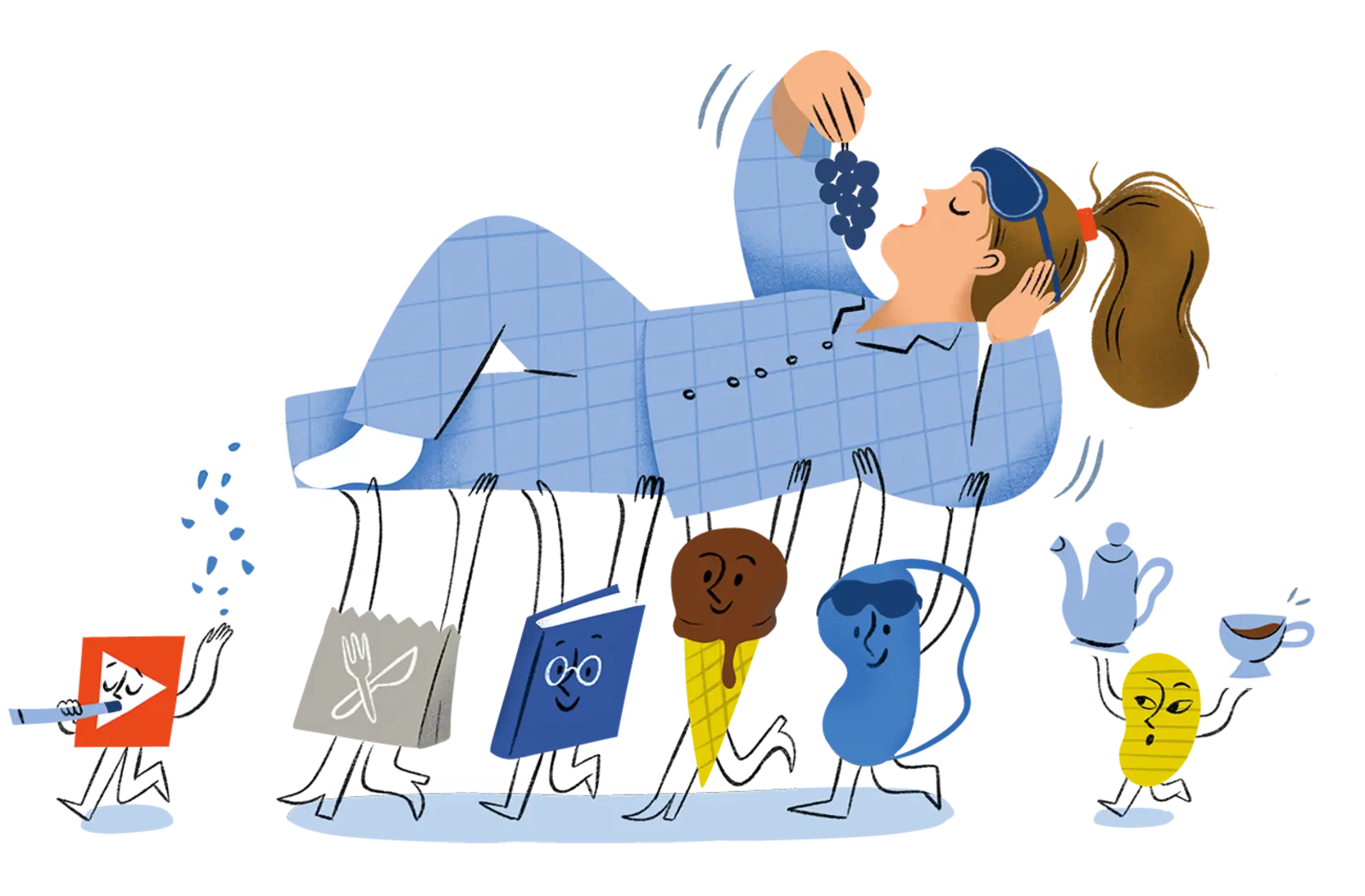 Die Illustration zeigt eine Frau in Pyjama, die gemütlich auf einem Bett liegt und Trauben isst. Unter ihr hängen verschiedene alltägliche Objekte wie ein Einkaufsbeutel, ein Buch, ein Eis, eine Teekanne, eine Kaffeetasse und eine Zitrone, die alle als Charaktere dargestellt sind. Sie symbolisieren die verschiedenen Aktivitäten und Dinge, die die Frau in ihrem Alltag beschäftigt halten.