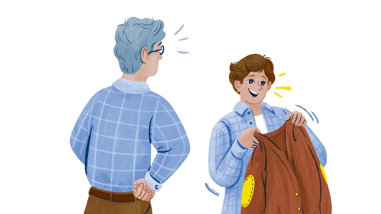 Farbige Illustration von zwei Personen, bei der eine jüngere Person einer älteren Person freudig eine braune Strickjacke präsentiert.