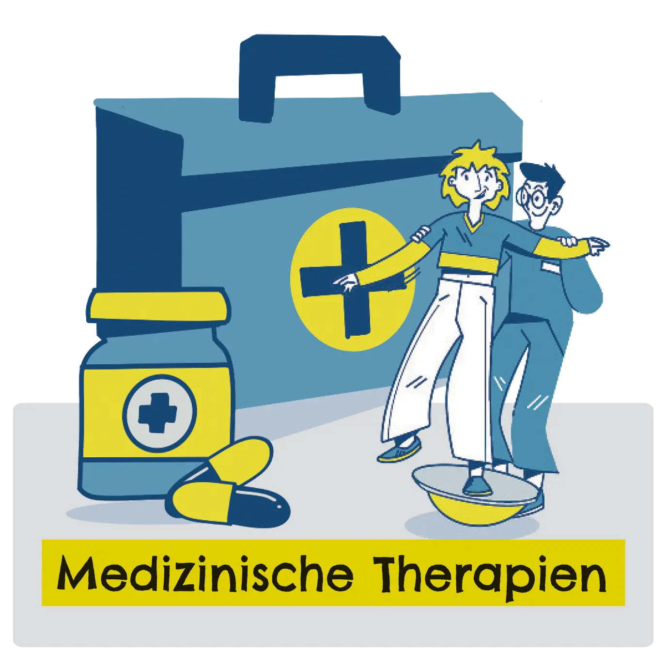 Eine Illustration von zwei Personen, die in medizinischen Therapiemaßnahmen tätig sind. Eine Person trägt ein medizinisches Outfit, und eine andere steht mit einer Therapieausstattung in der Hand. Ein Arztkoffer und Medizinfläschchen runden das Bild ab, mit dem Schriftzug „Medizinische Therapien“ am unteren Rand.