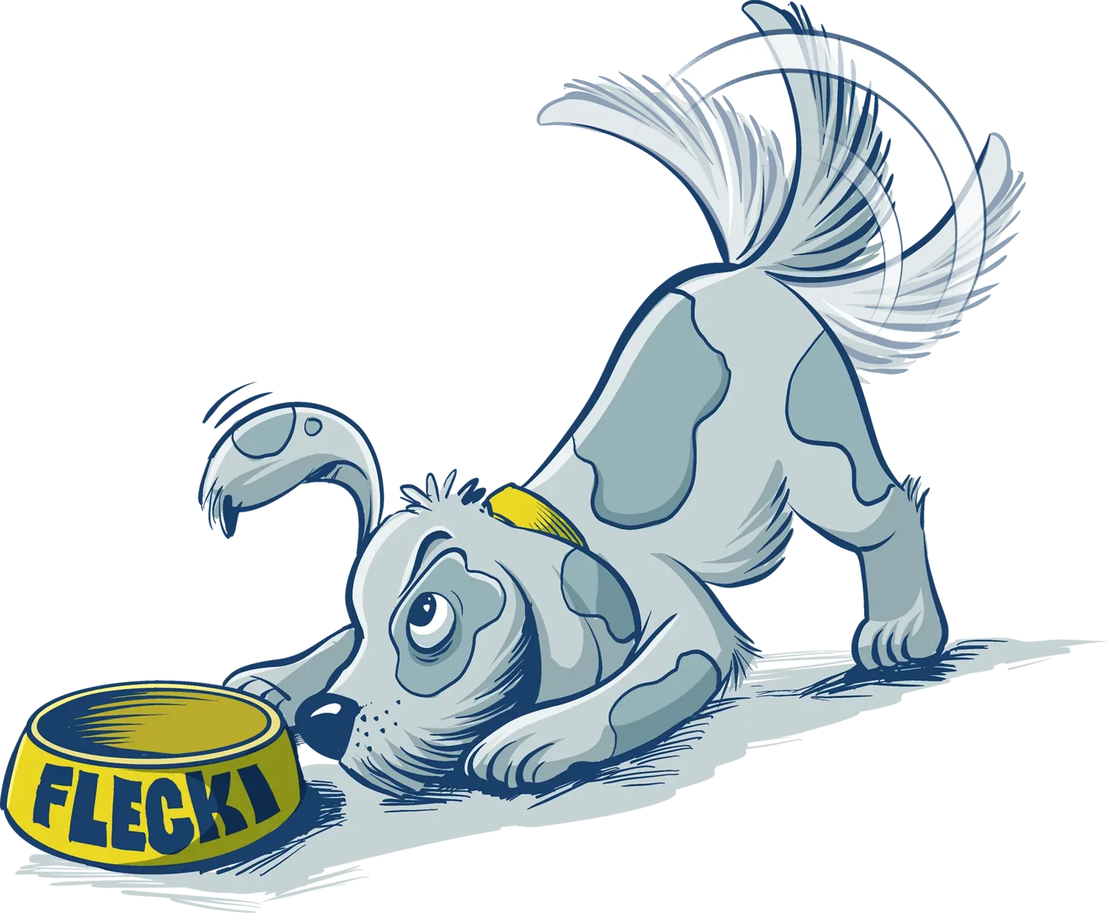 Illustrierter Hund Flecki, der schwanzwedelnd vor seinem Futternapf steht.