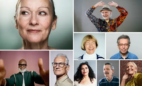 Collage aus Porträts verschiedener älterer Menschen mit unterschiedlichen Gesichtsausdrücken und Stilen.