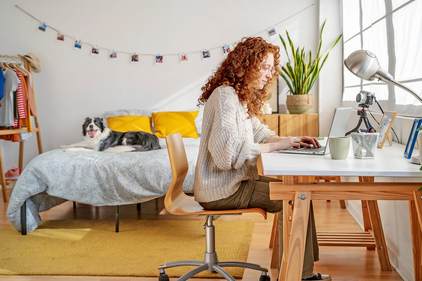 Eine Frau mit lockigem roten Haar sitzt an einem Schreibtisch und arbeitet auf ihrem Laptop. Im Hintergrund ist ein Hund auf einem Bett zu sehen, und an der Wand hängen Fotos. Es gibt eine Zimmerpflanze und eine Schreibtischlampe. Die Atmosphäre ist gemütlich und freundlich.
