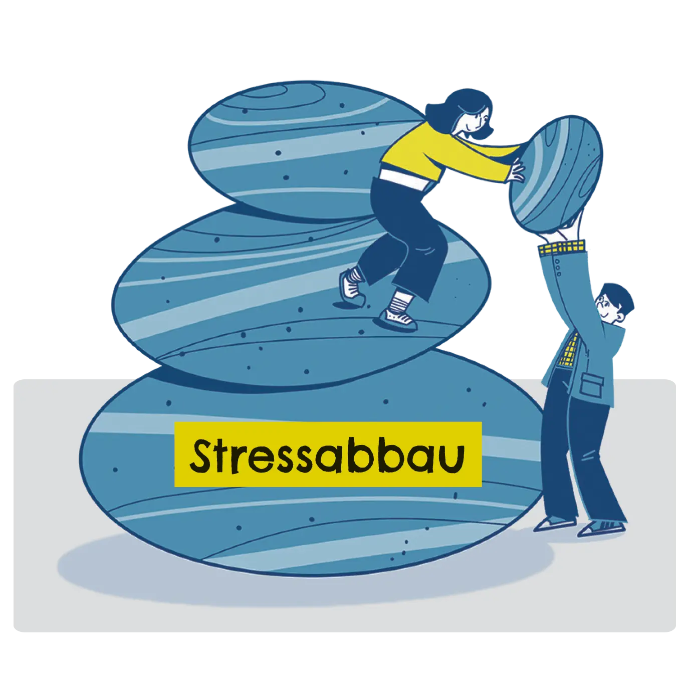 Eine Illustration von zwei Personen, die auf einem Berg aus Steinen arbeiten, um Stress abzubauen. Eine der Personen hält einen großen Stein, während die andere eine kleinere Rolle auf den Berg hebt. Der Schriftzug „Stressabbau“ befindet sich in gelber Farbe am unteren Rand.