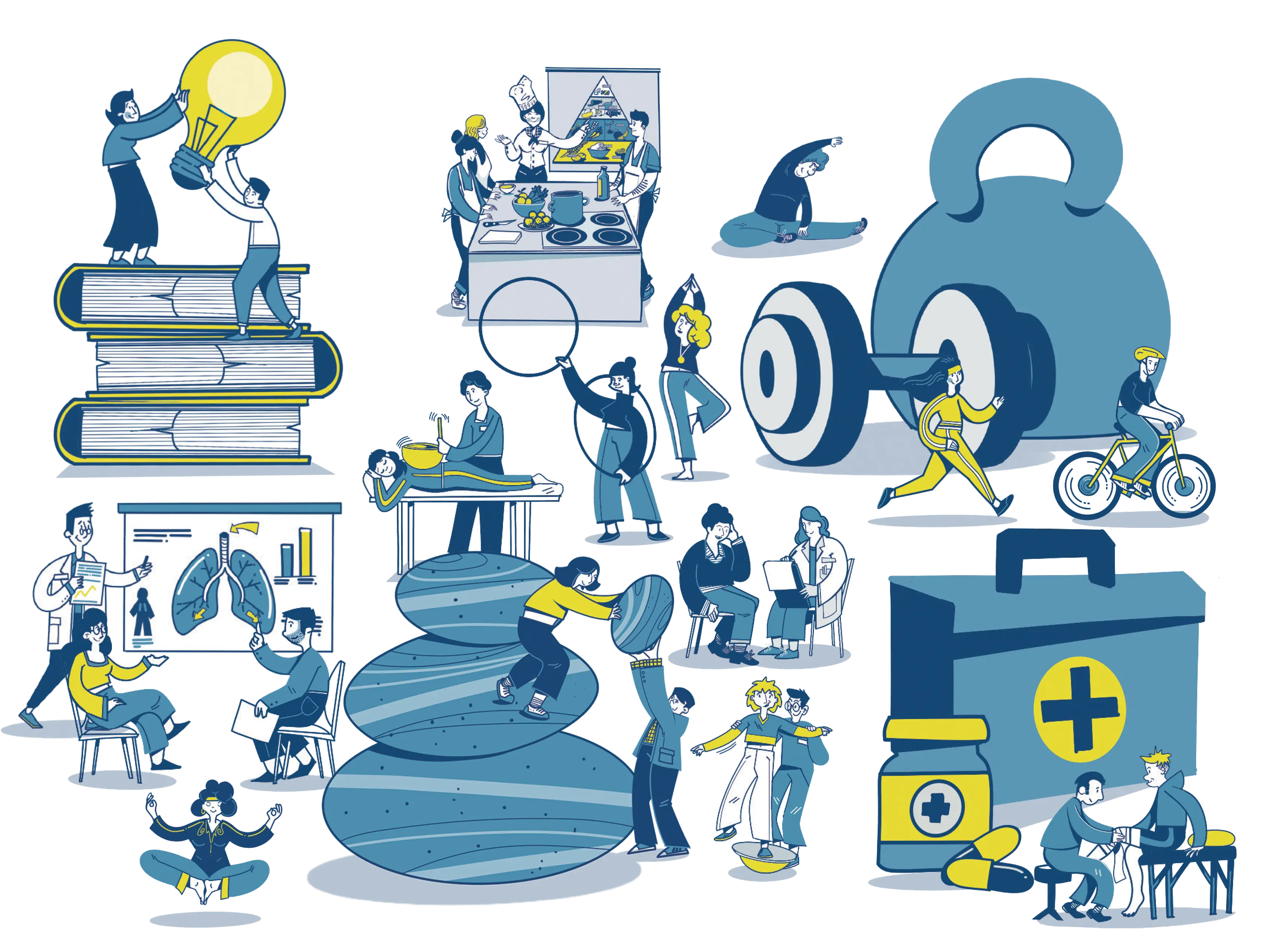 e: Eine bunte Collage, die verschiedene Bereiche der Gesundheitsförderung zeigt, darunter Gesundheitsbildung, Sport & Bewegung, Stressabbau und medizinische Therapien. Verschiedene Illustrationen von Menschen, die in diesen Bereichen aktiv sind, sind abgebildet.