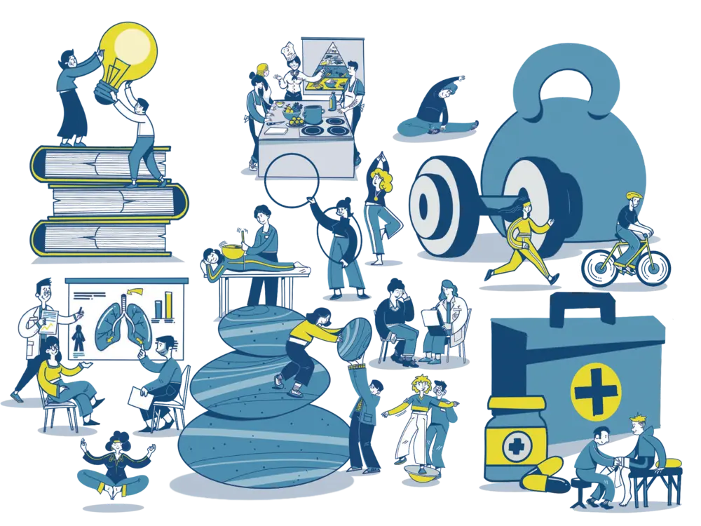 Eine bunte Collage, die verschiedene Bereiche der Gesundheitsförderung zeigt, darunter Gesundheitsbildung, Sport & Bewegung, Stressabbau und medizinische Therapien. Verschiedene Illustrationen von Menschen, die in diesen Bereichen aktiv sind, sind abgebildet.